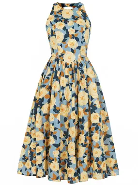 1950S Hepburn Style Outfits Blue And Yellow Floral Print Back Hollow Heart Swing Dress