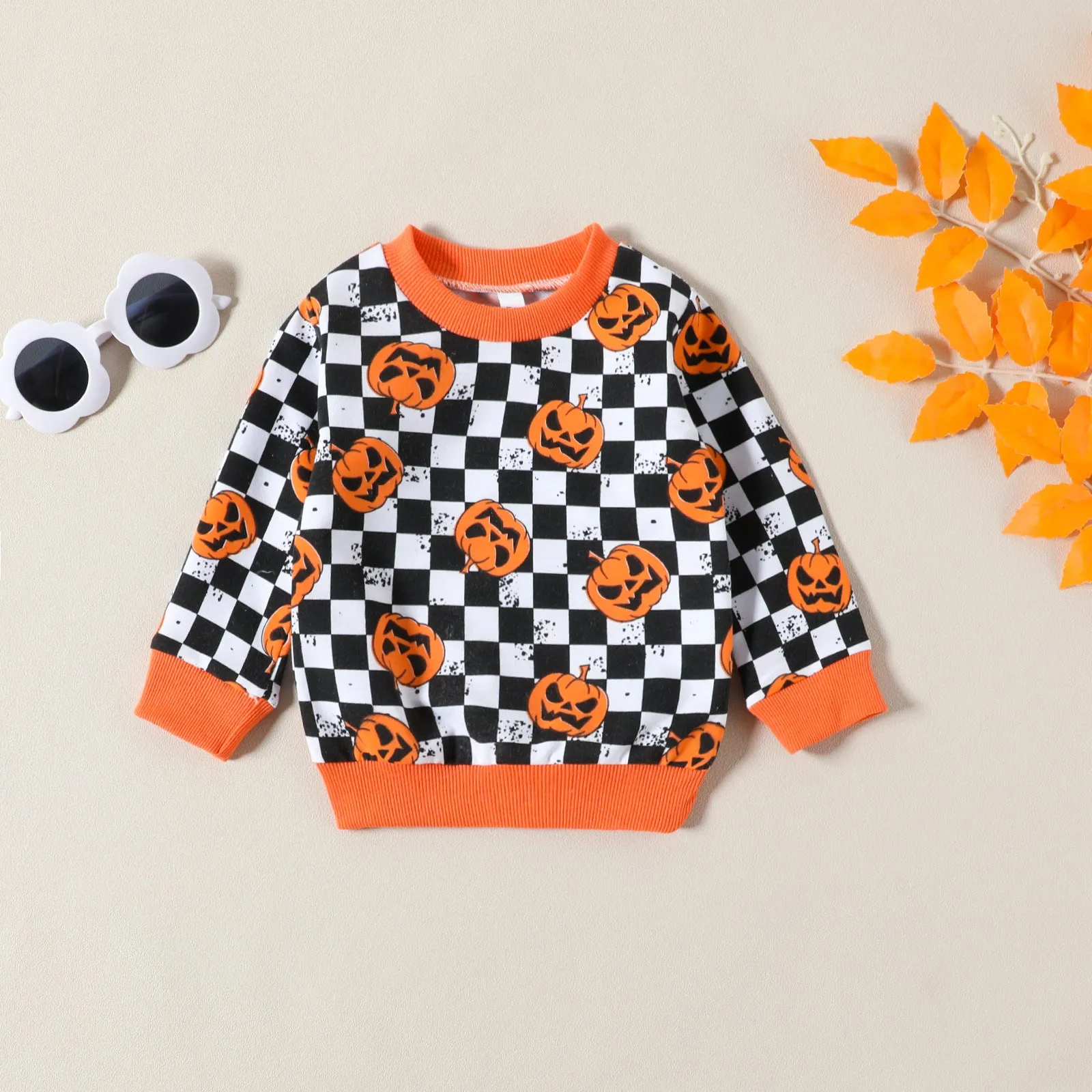 2 Pieces Set Baby Kid Girls Halloween Color-blocking Checked Print Hoodies Swearshirts And Pants Wholesale 23090637