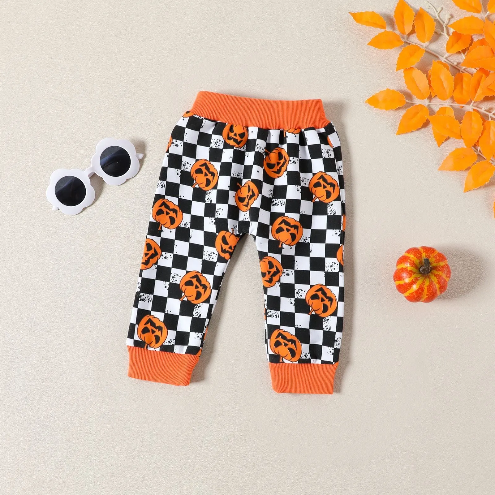 2 Pieces Set Baby Kid Girls Halloween Color-blocking Checked Print Hoodies Swearshirts And Pants Wholesale 23090637