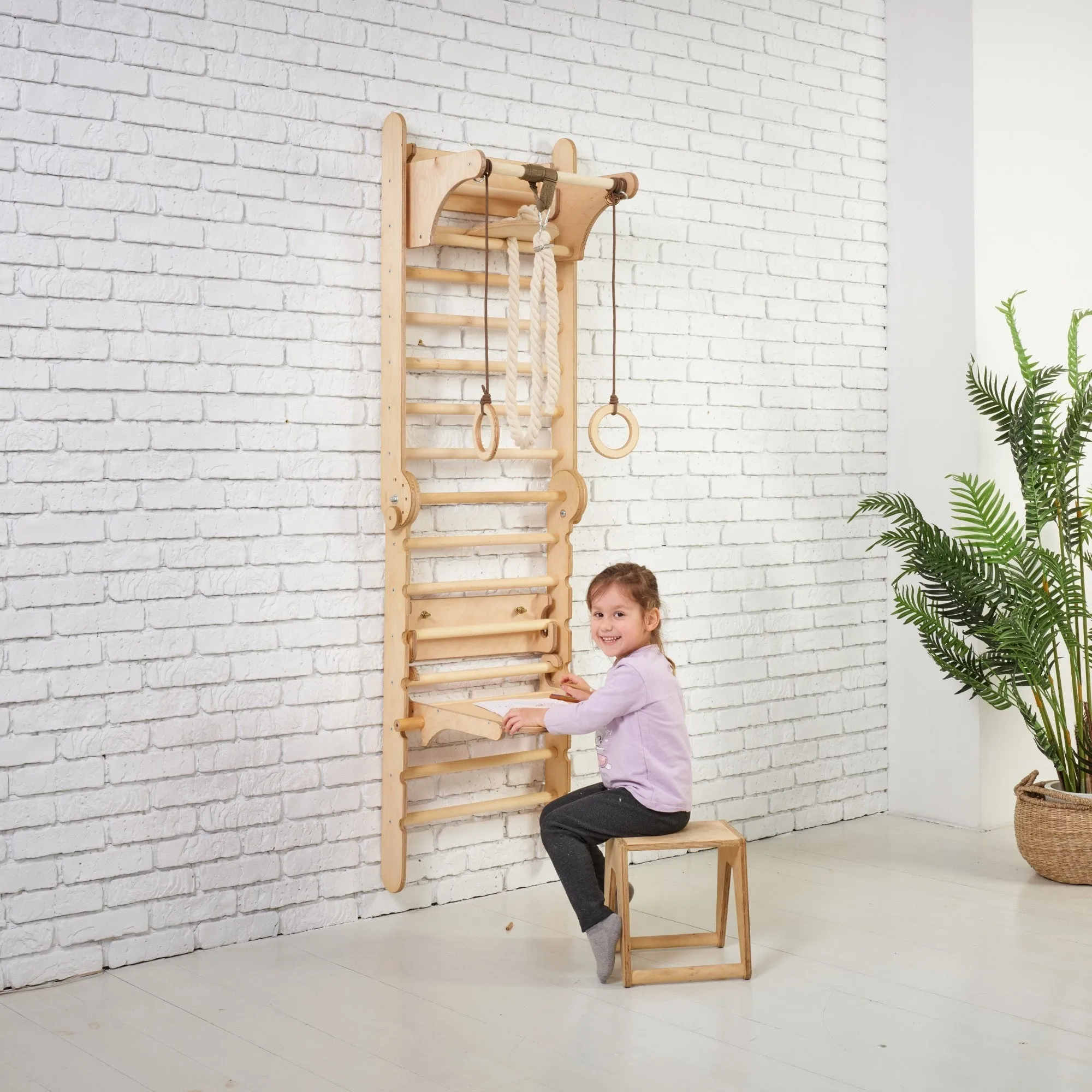 3in1: Wooden Swedish Wall / Climbing ladder for Children   Swing Set   Slide Board