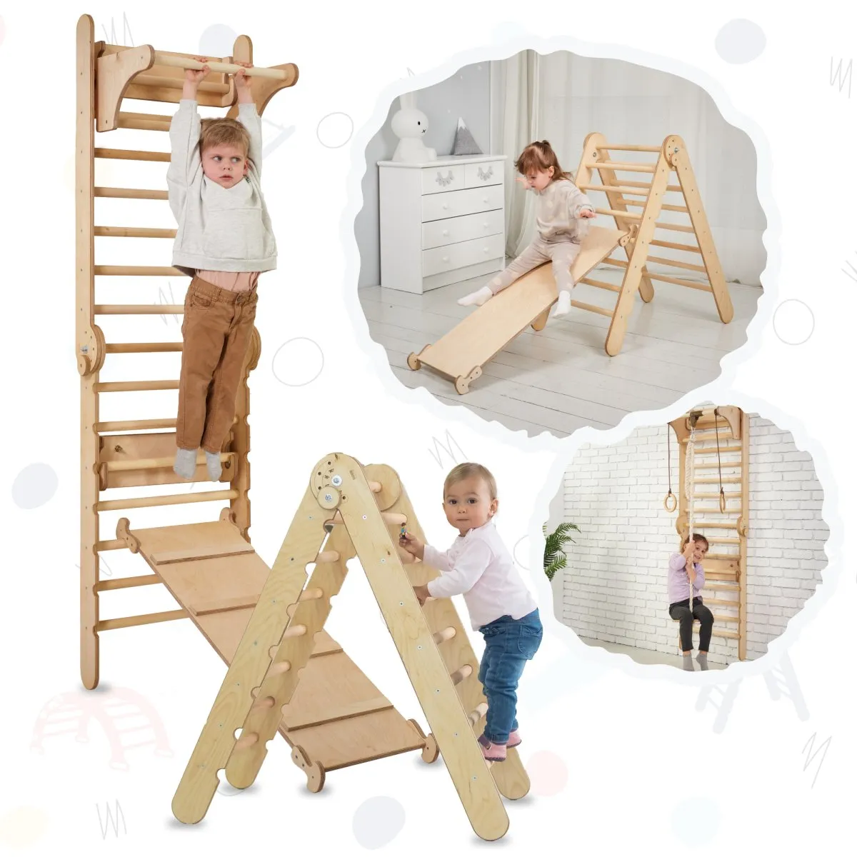 4-in-1 Climbing Set: Swedish Wall   Swing Set   Slide Board   Triangle Ladder