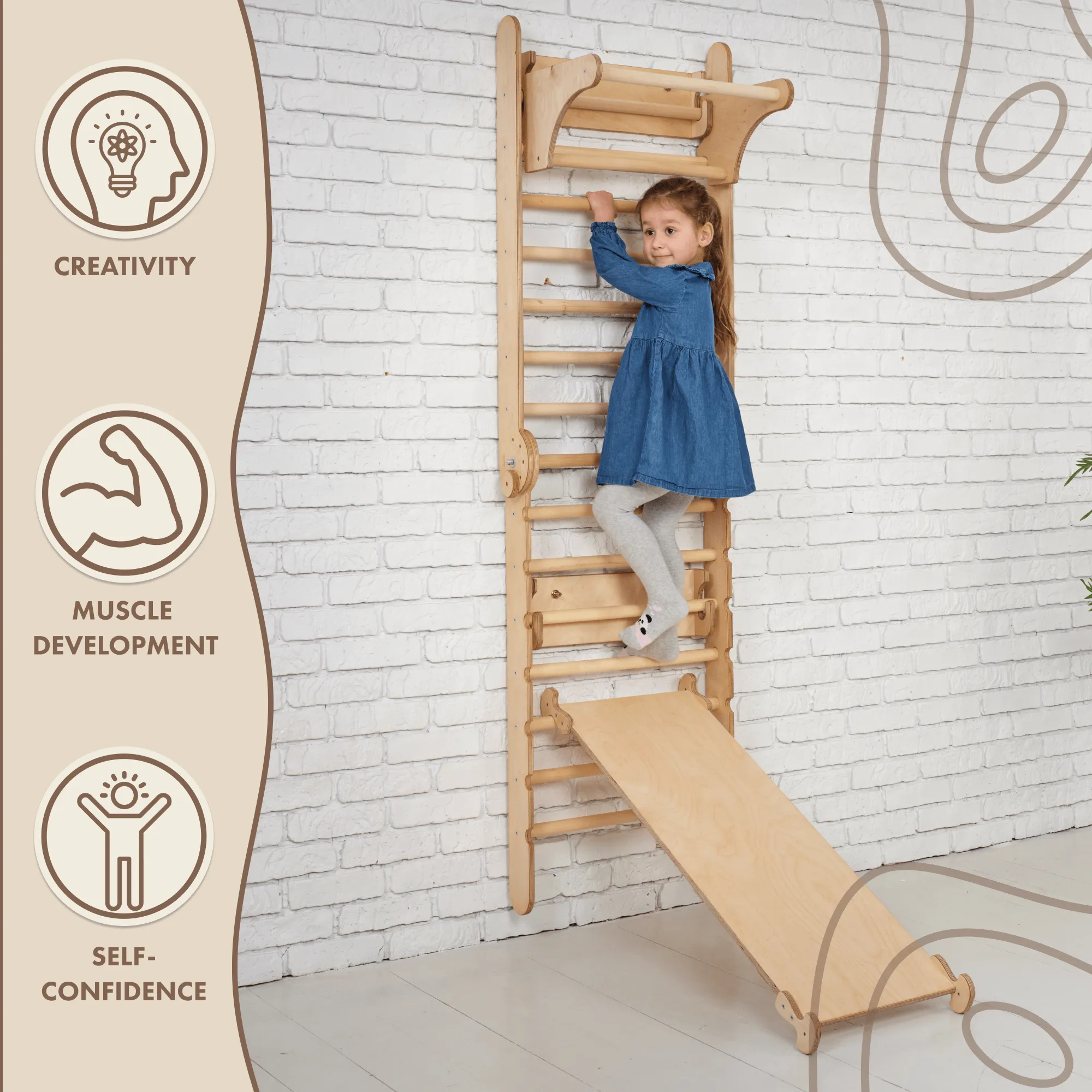 4-in-1 Climbing Set: Swedish Wall   Swing Set   Slide Board   Triangle Ladder