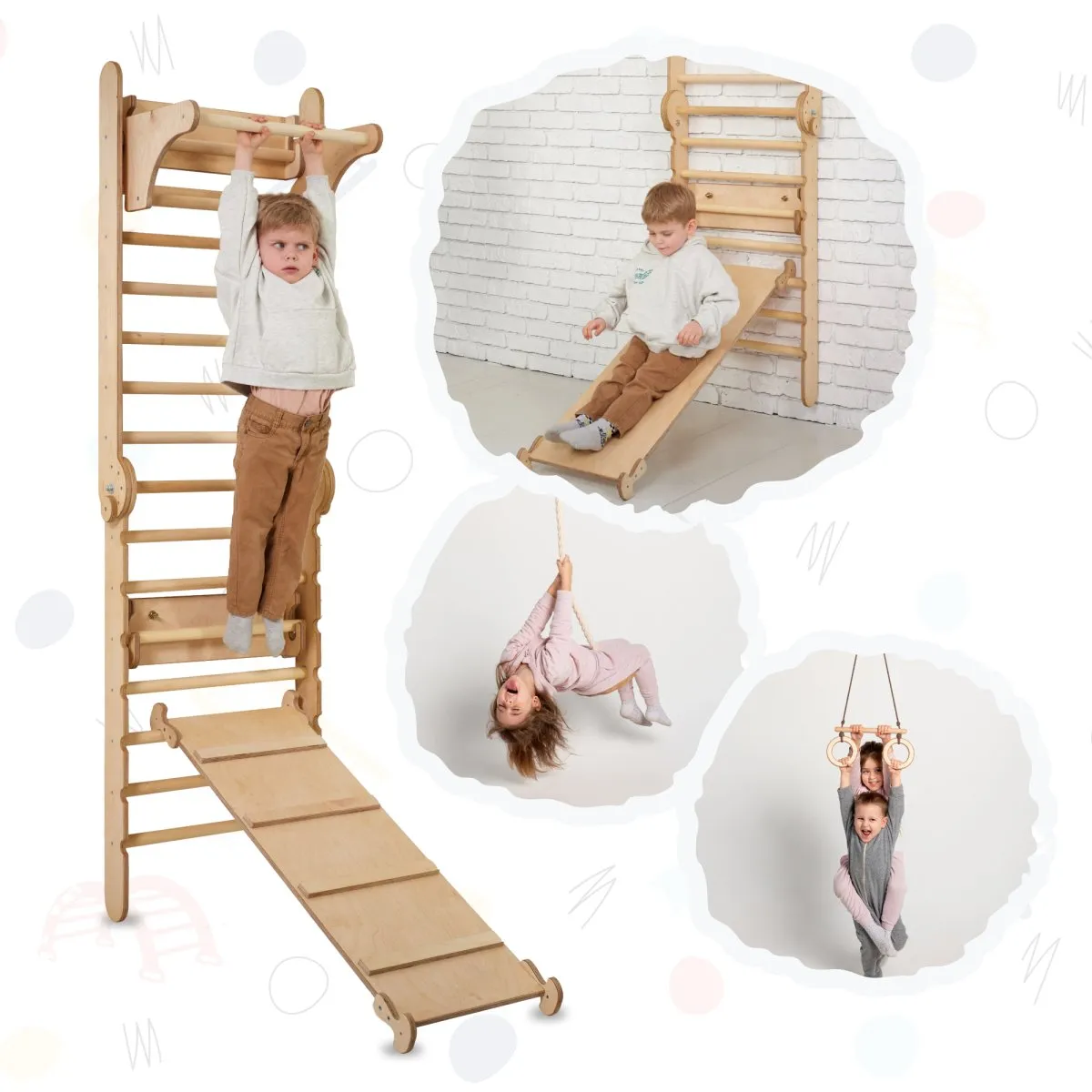 4-in-1 Climbing Set: Swedish Wall   Swing Set   Slide Board   Triangle Ladder