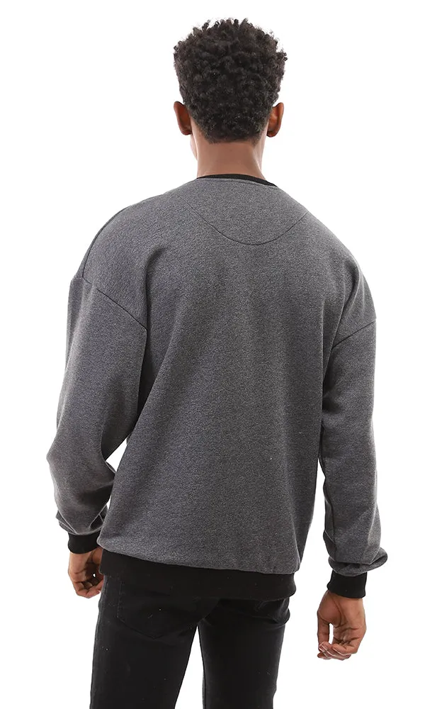 96026 Front Print Round Neck Heather Charcoal Sweatshirt