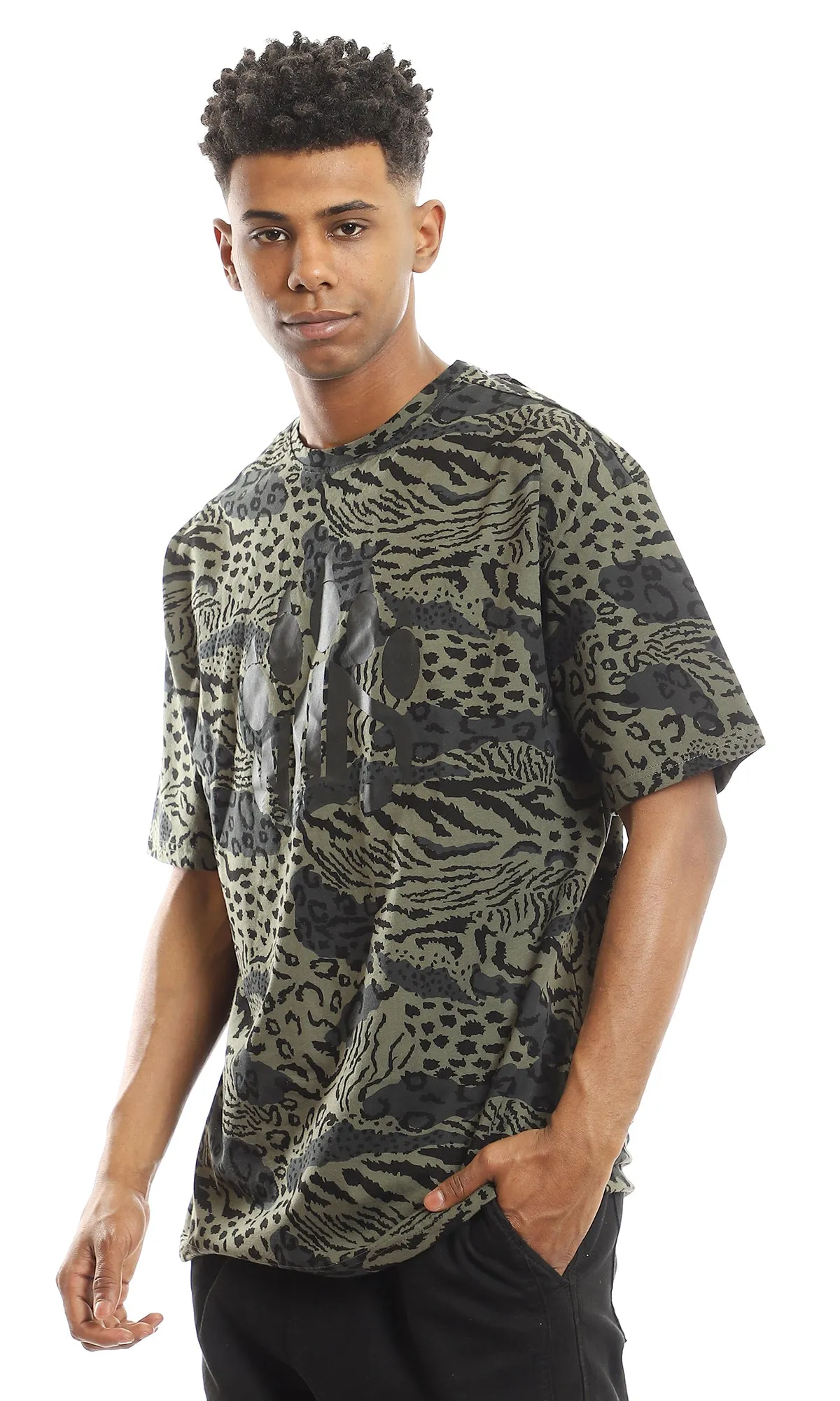 97351 Multiple Patterns Standard Fit T-Shirt - Olive & Black