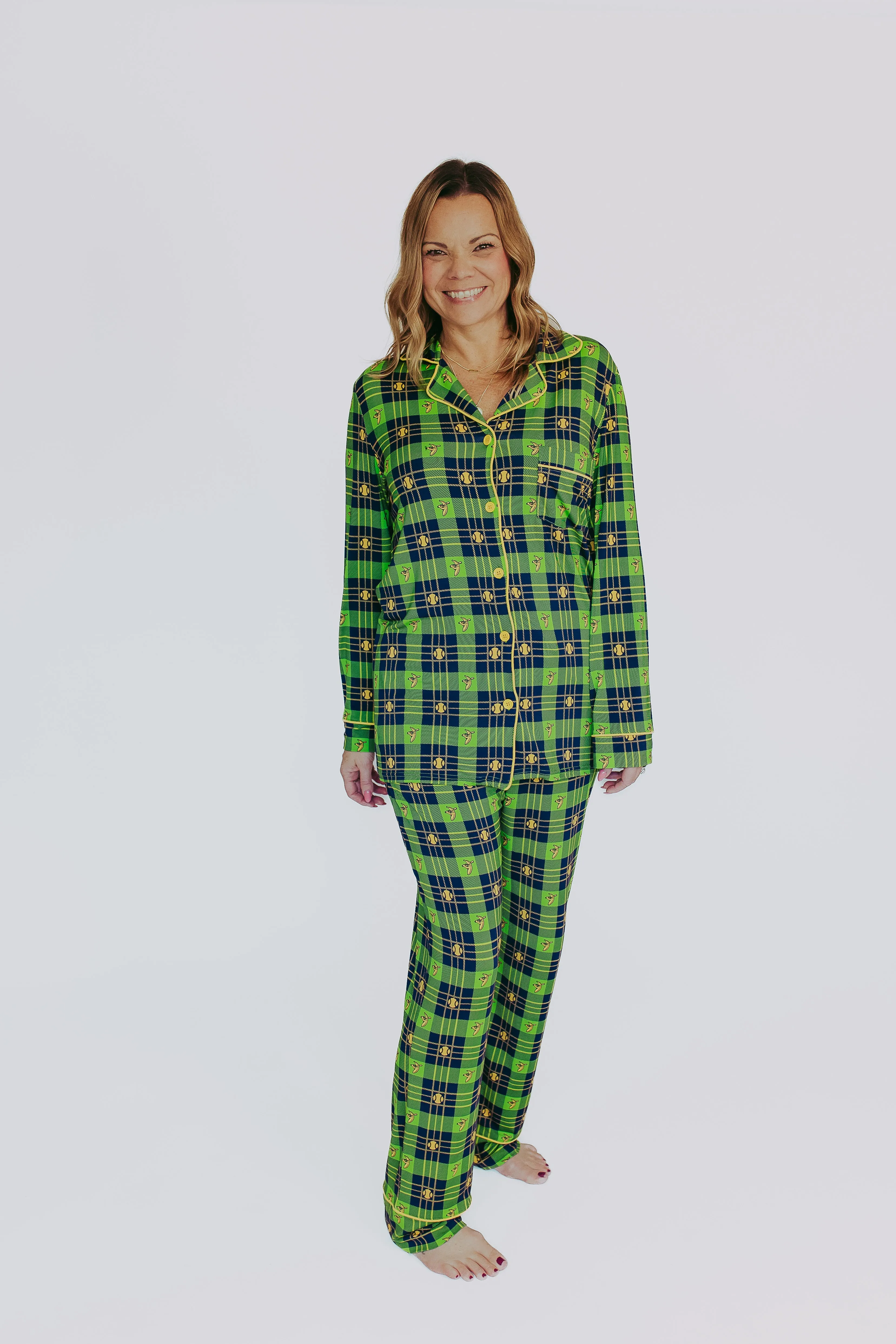 Bananas Long Sleeve Button Down Pajama Shirt - Green Tartan