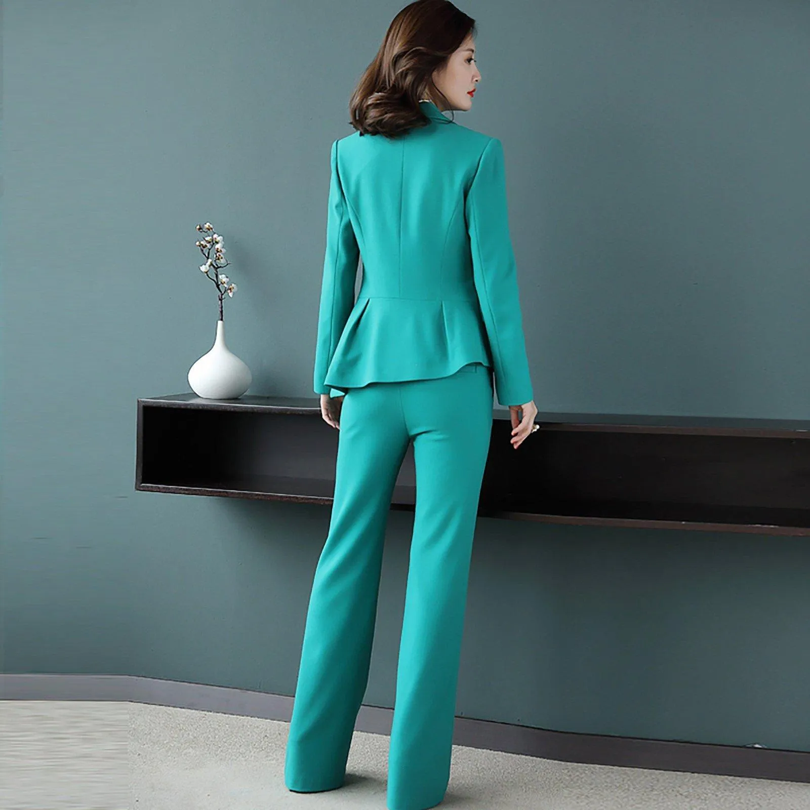 Belle Cyan Two Button High Low Blazer & Flare Pant Suit