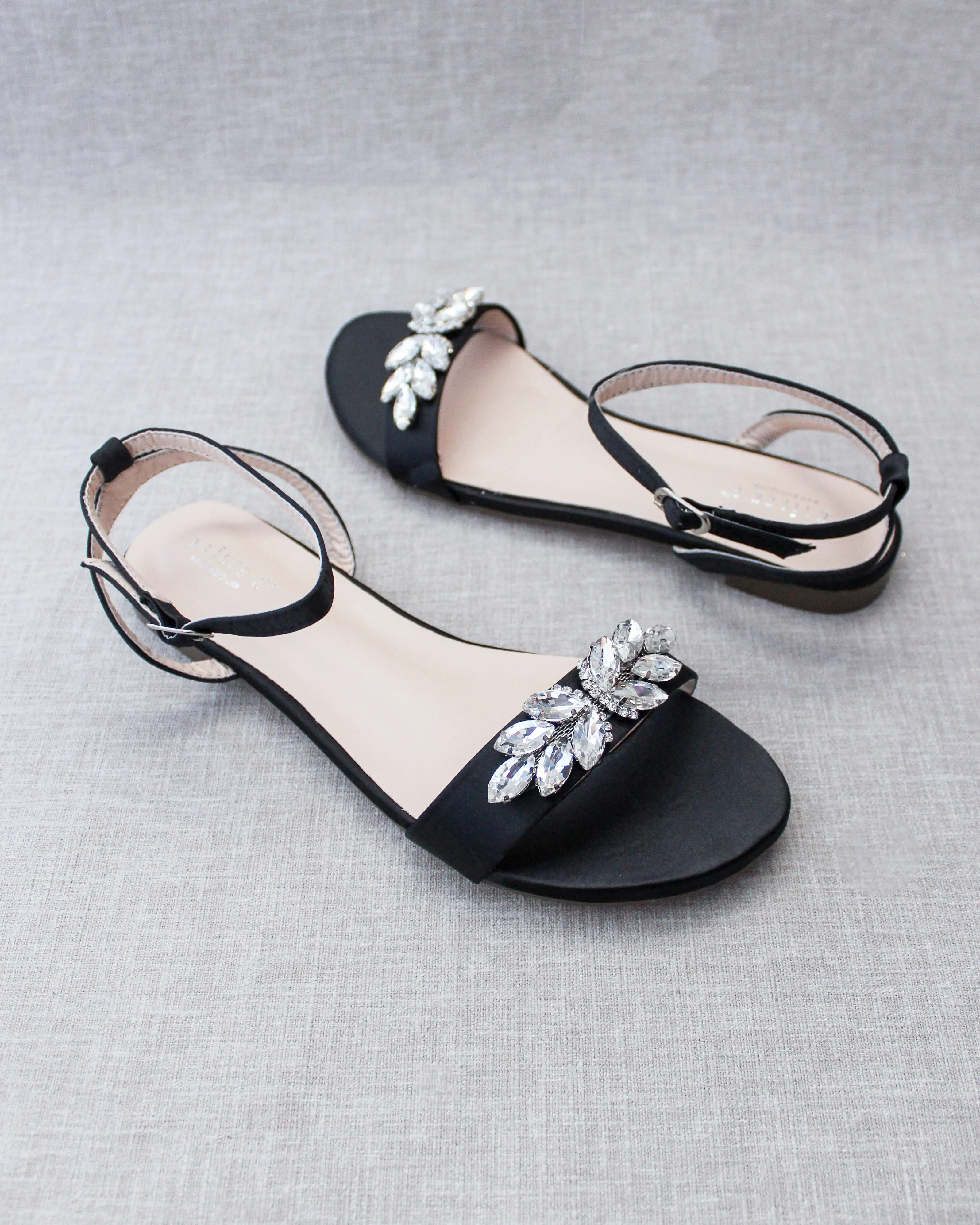 Black Satin Flat Sandal with Butterfly Brooch and Ankle Strap