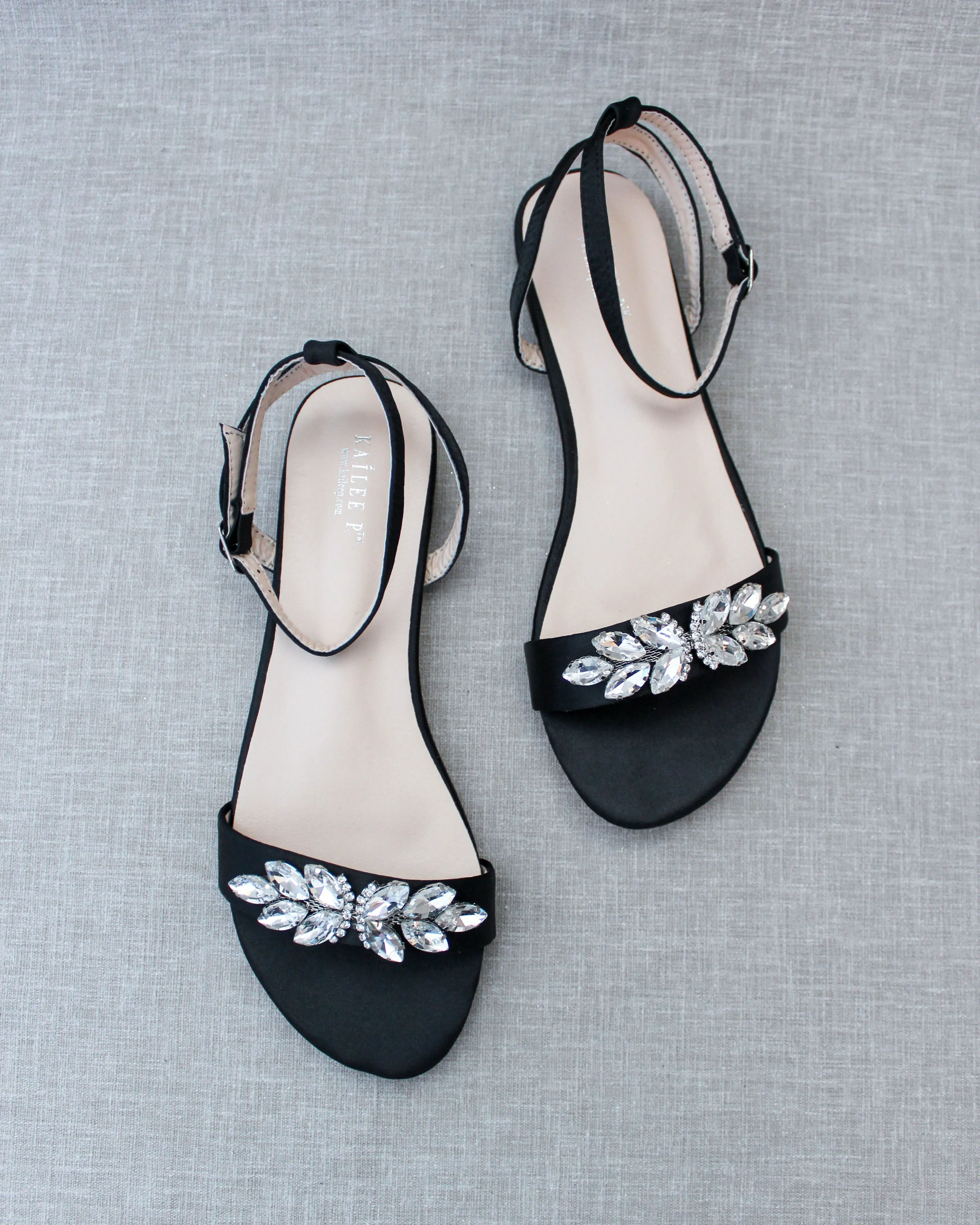 Black Satin Flat Sandal with Butterfly Brooch and Ankle Strap