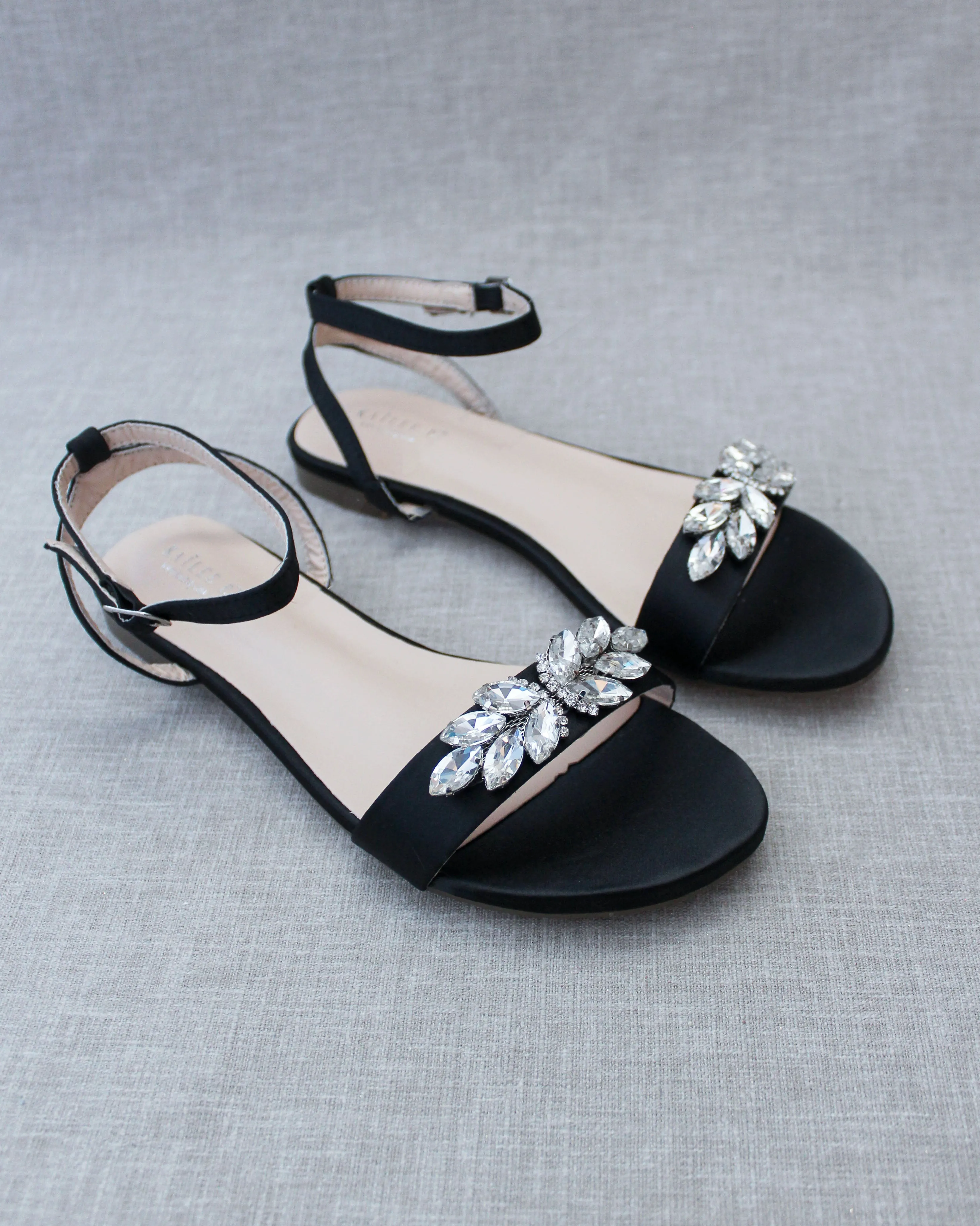 Black Satin Flat Sandal with Butterfly Brooch and Ankle Strap