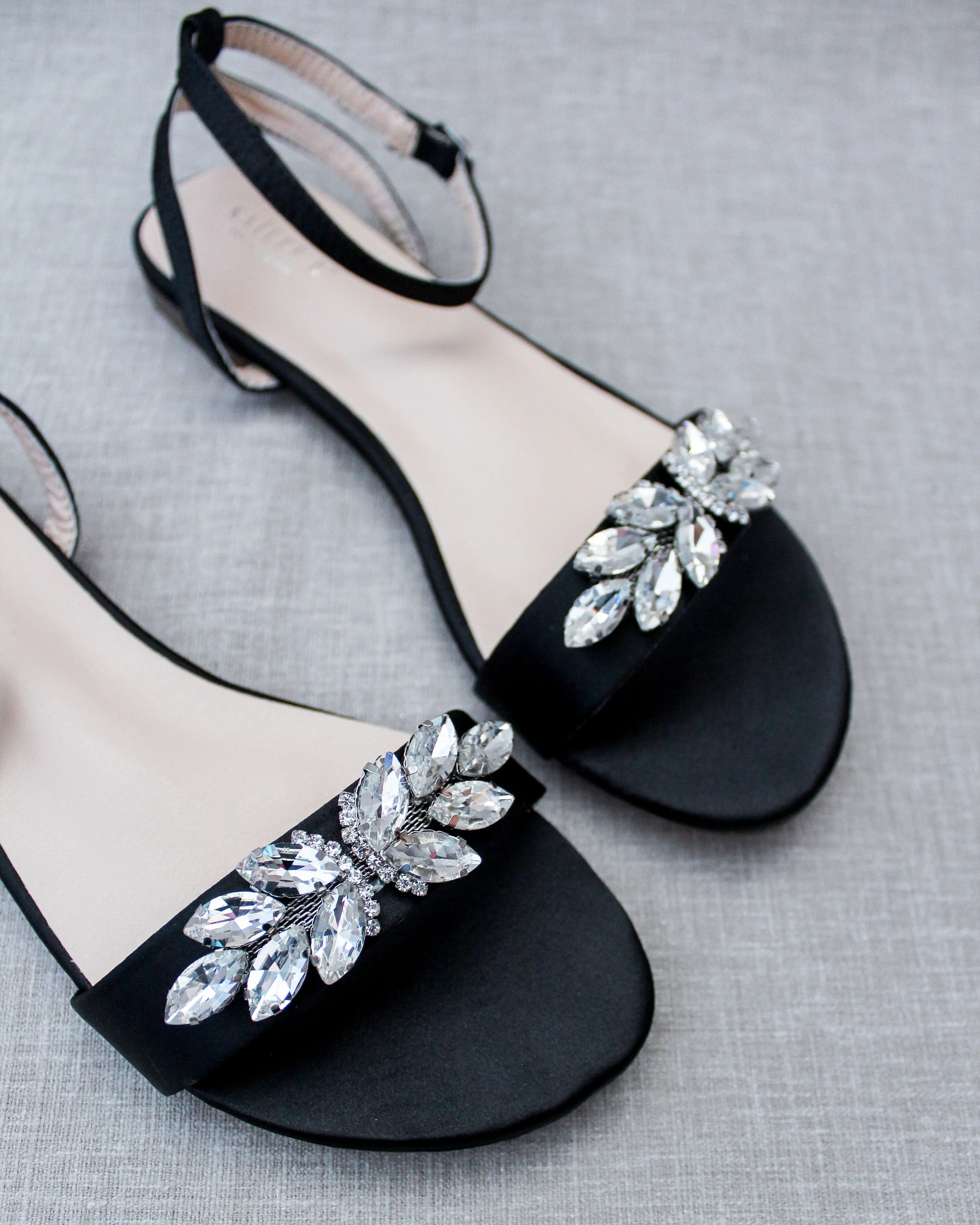 Black Satin Flat Sandal with Butterfly Brooch and Ankle Strap