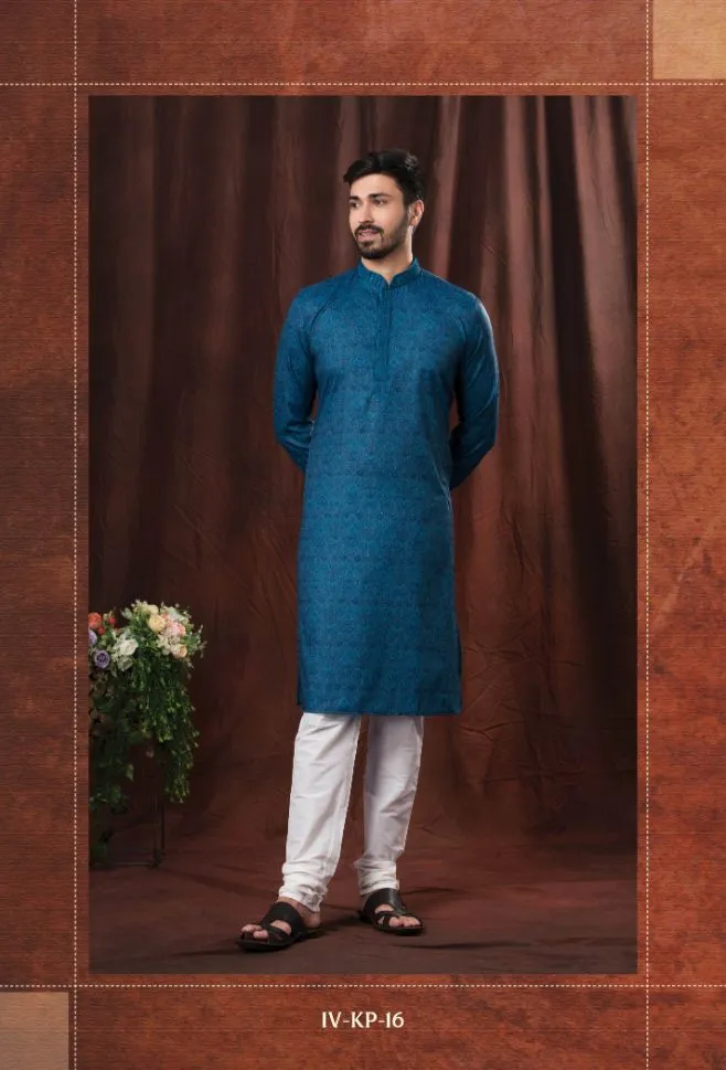 Blue Color Printed Kurta with White Pajama - Clearance