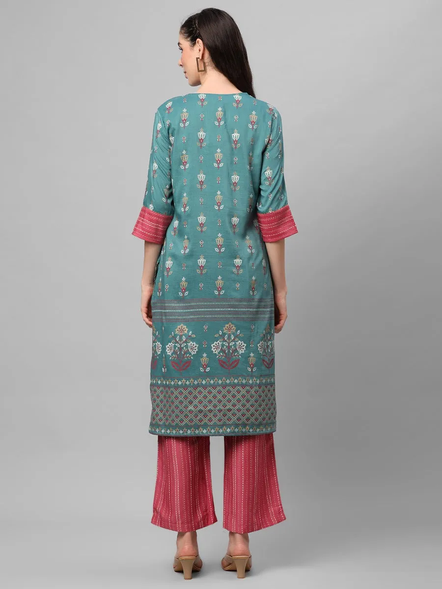 Blue Ornamental Printed Kurta With Comfort Pant