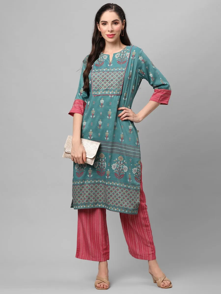 Blue Ornamental Printed Kurta With Comfort Pant