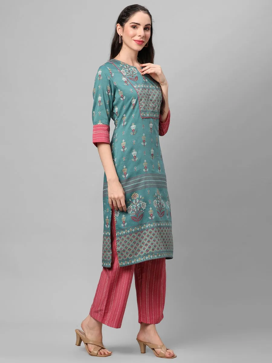 Blue Ornamental Printed Kurta With Comfort Pant