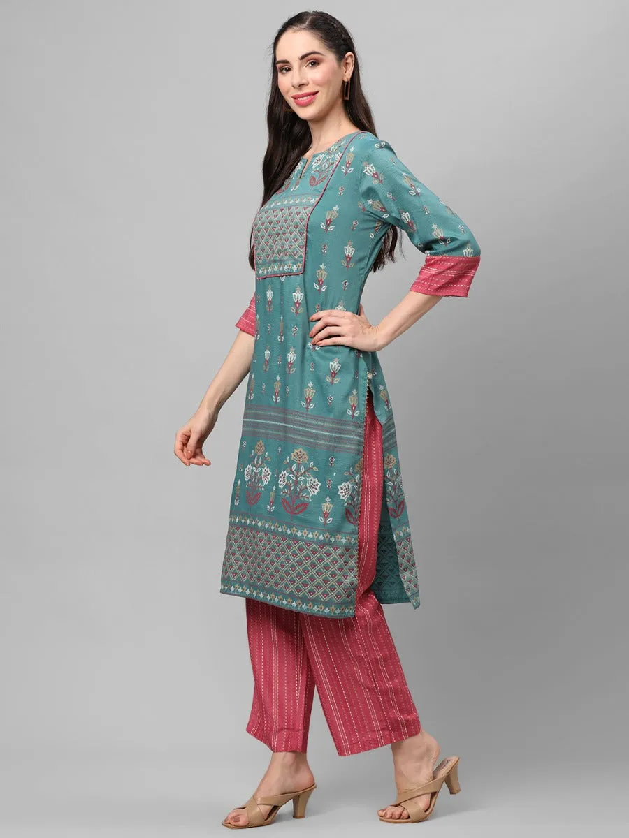 Blue Ornamental Printed Kurta With Comfort Pant