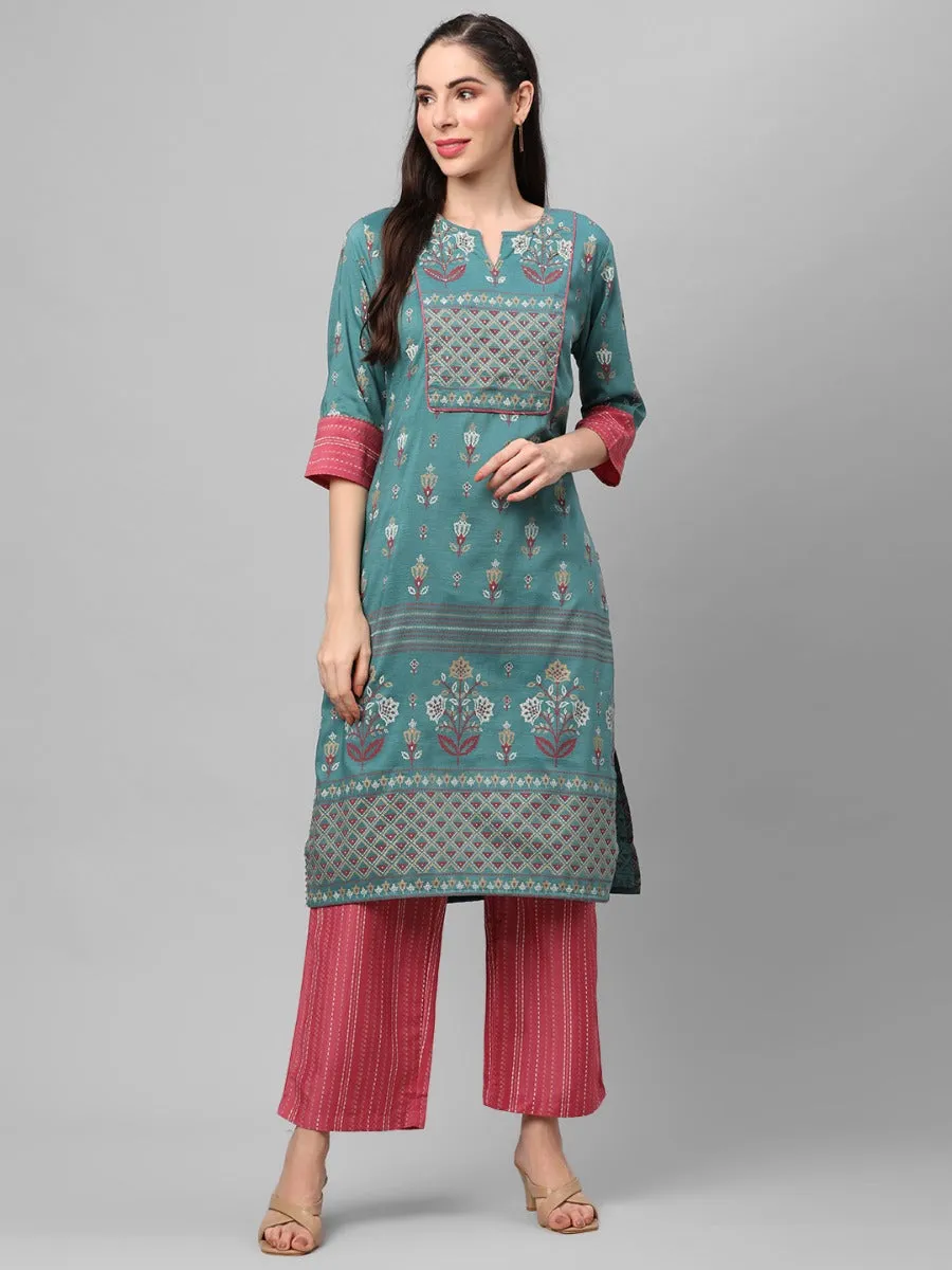 Blue Ornamental Printed Kurta With Comfort Pant