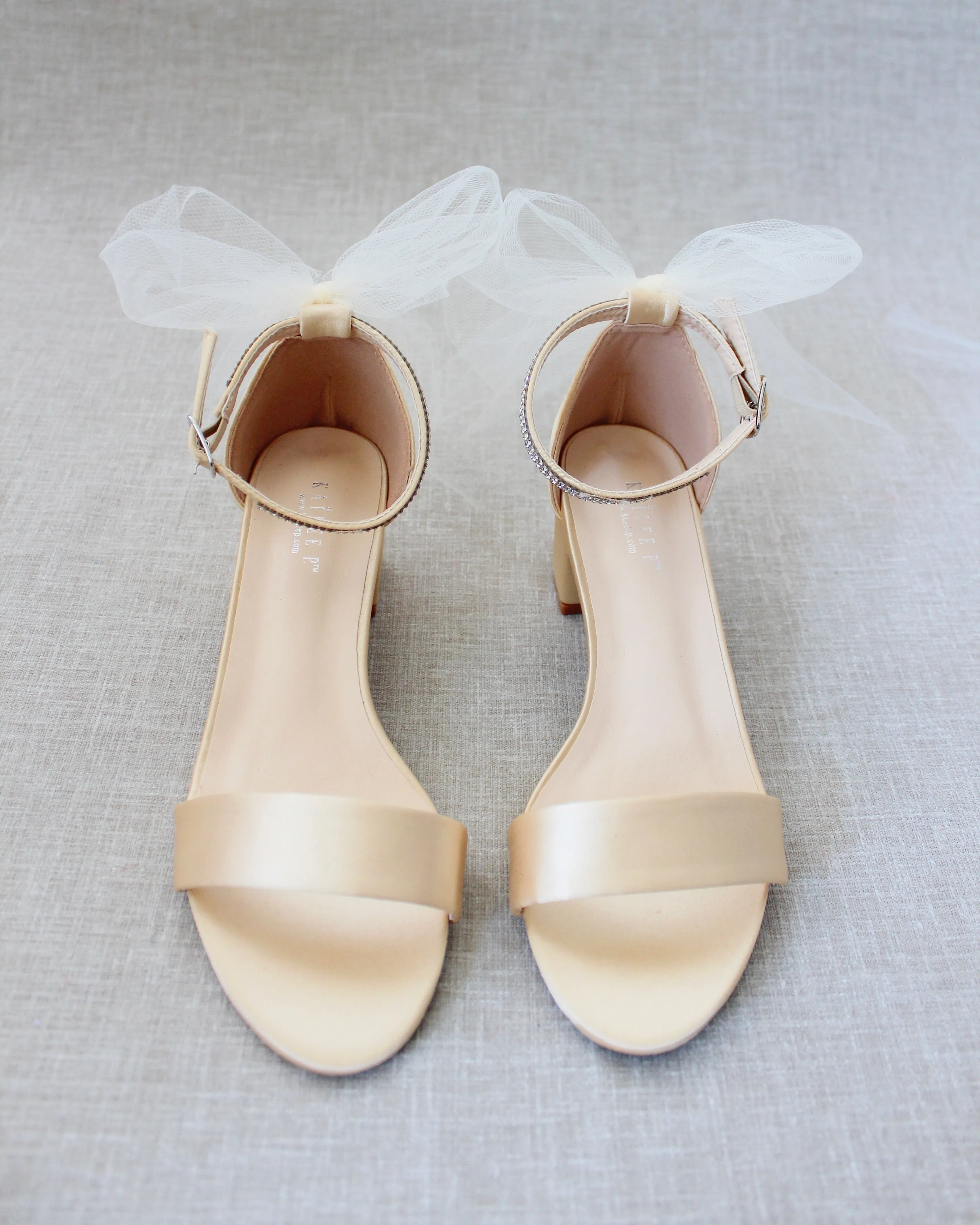 Champagne Satin Block Heel Sandals with Tulle Back Bow