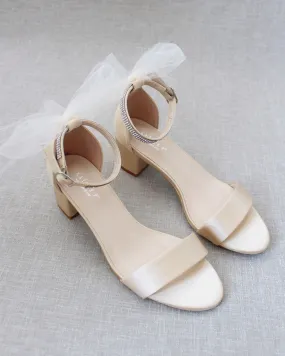 Champagne Satin Block Heel Sandals with Tulle Back Bow