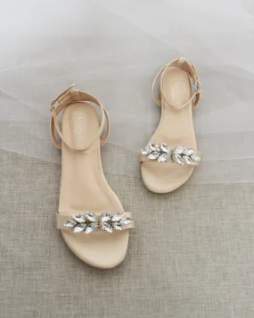 Champagne Satin Flat Sandal with Butterfly Brooch and Ankle Strap