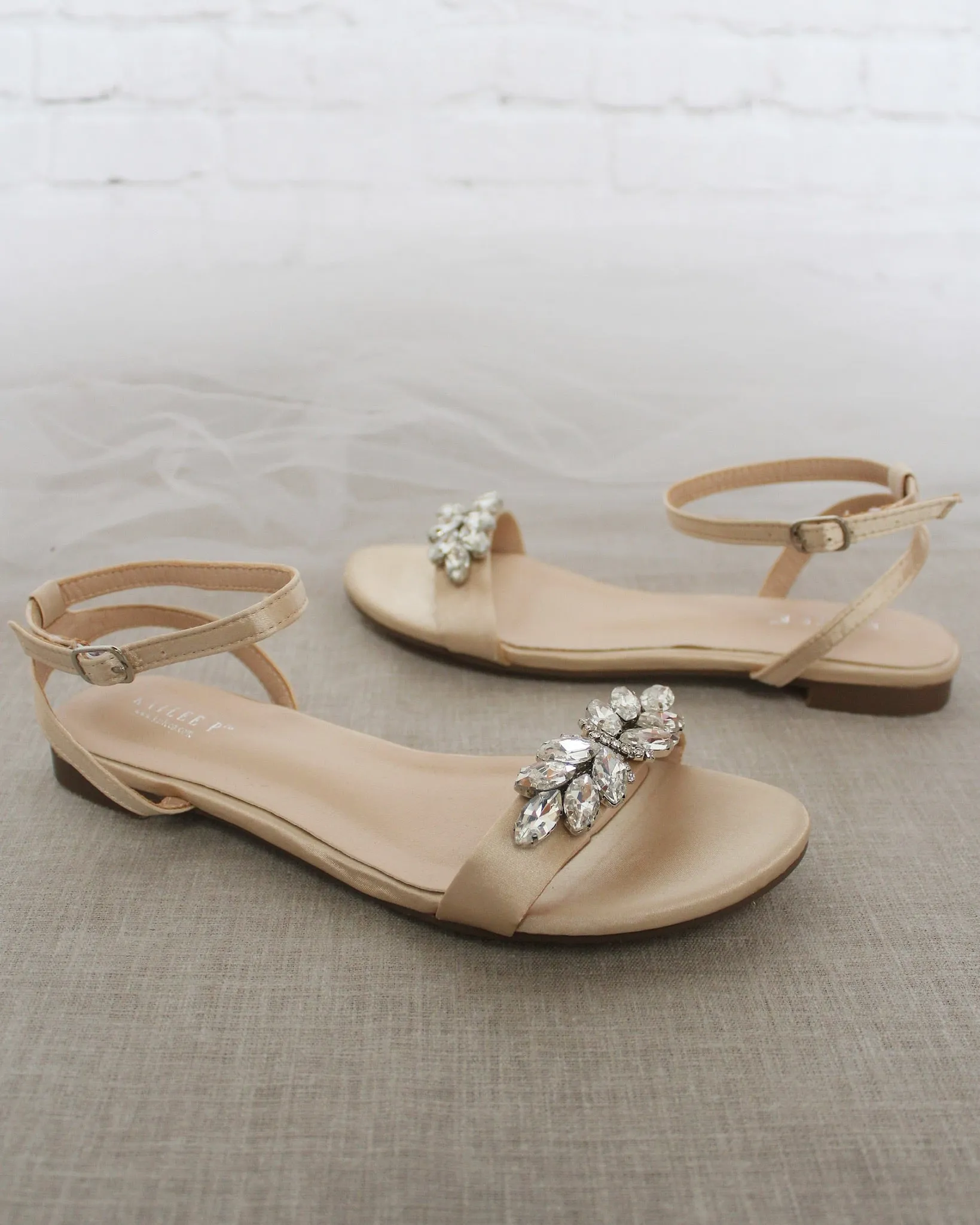 Champagne Satin Flat Sandal with Butterfly Brooch and Ankle Strap