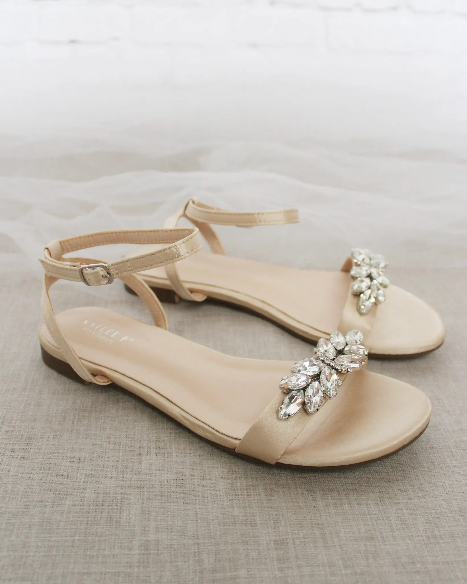 Champagne Satin Flat Sandal with Butterfly Brooch and Ankle Strap