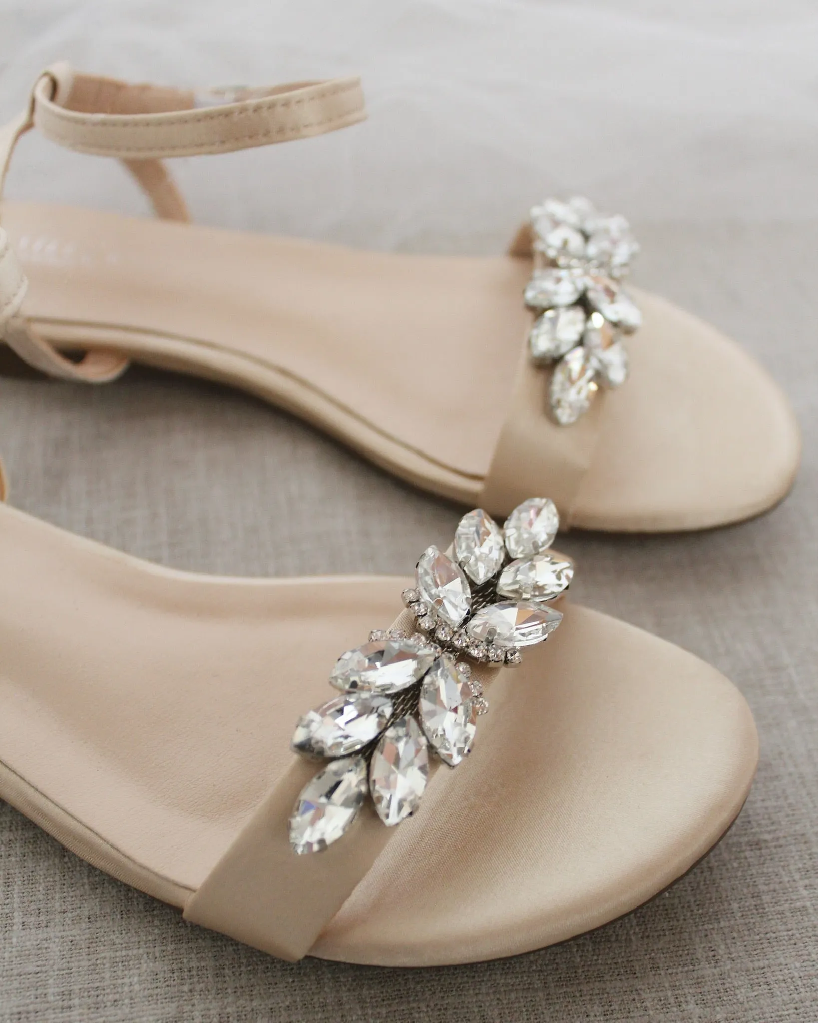 Champagne Satin Flat Sandal with Butterfly Brooch and Ankle Strap