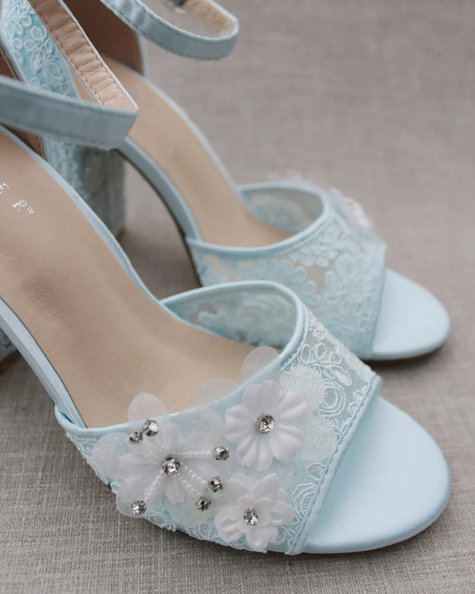 Crochet Lace Block Heel Sandals with White Flower Appliques