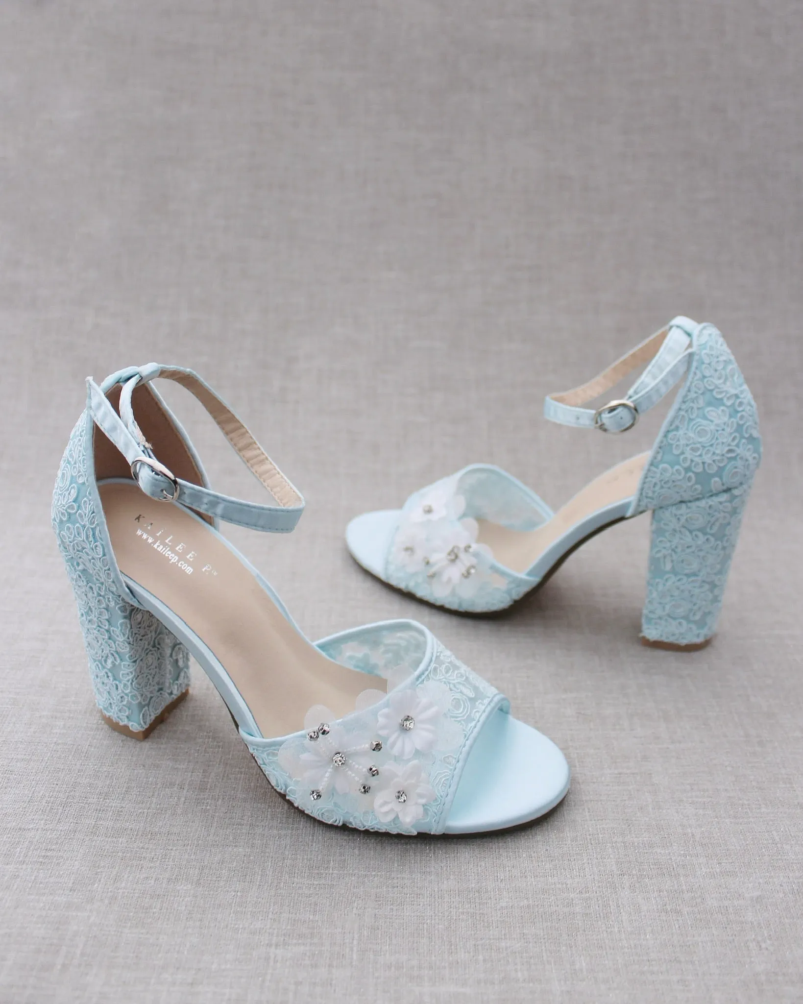 Crochet Lace Block Heel Sandals with White Flower Appliques