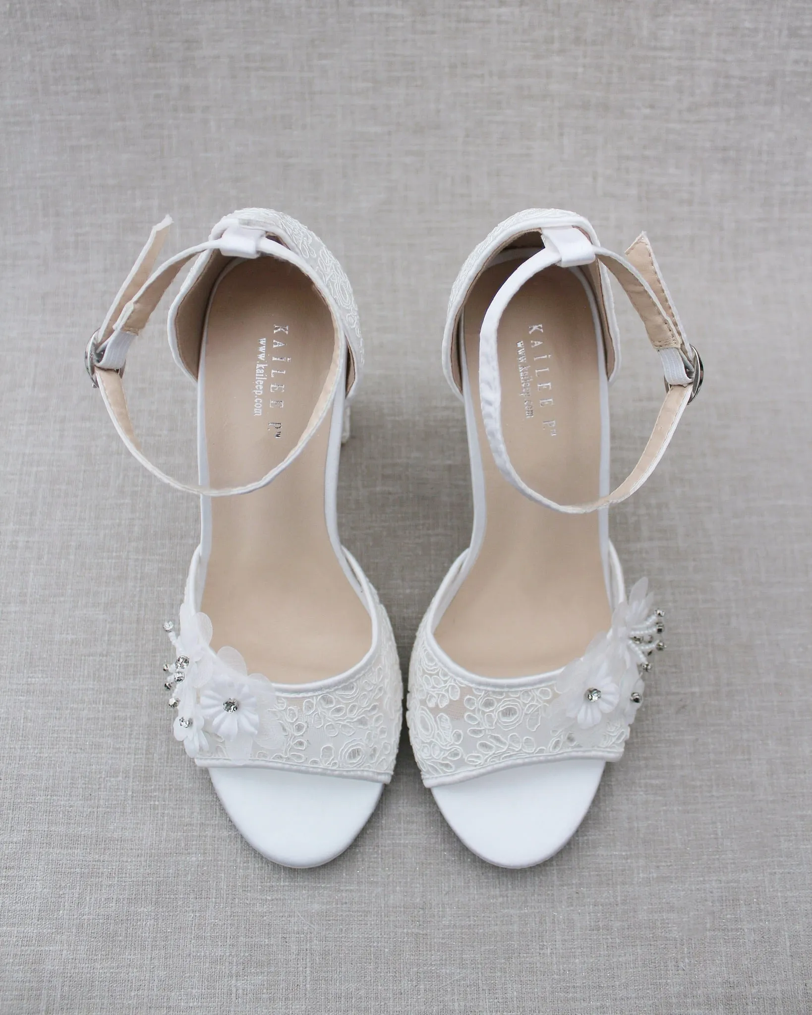 Crochet Lace Block Heel Sandals with White Flower Appliques