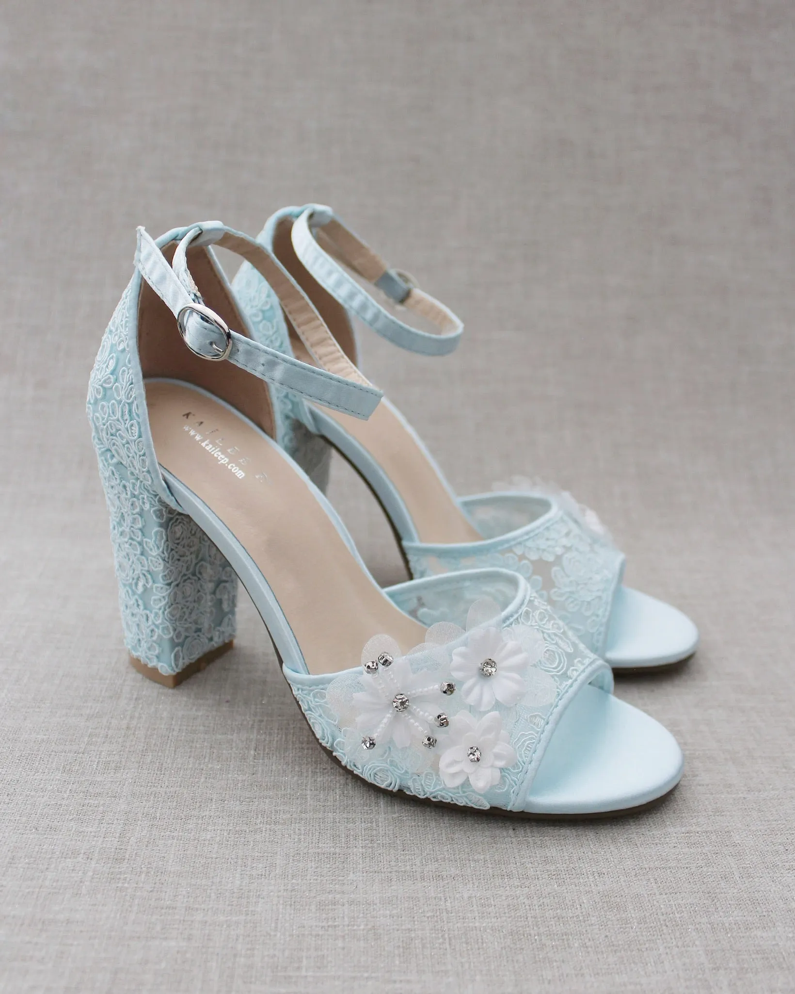 Crochet Lace Block Heel Sandals with White Flower Appliques