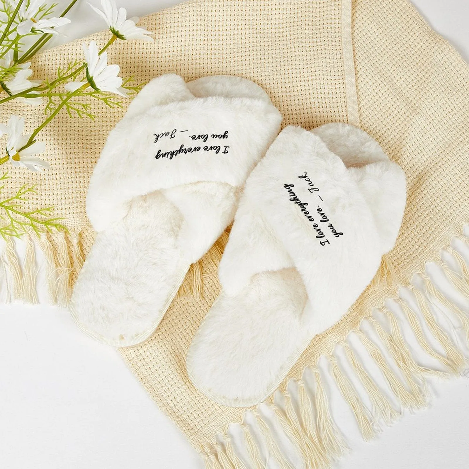 Custom Text Love You Bridesmaid Slippers Fluffy Bridal Slippers Fuzzy Cross Band House Slide Shoes