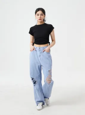 Destroyed Wide Leg Cotton Pants BM304