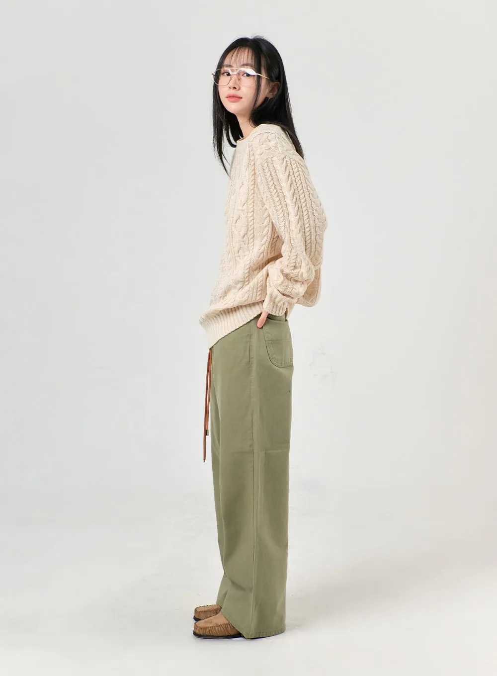 Drawstring Cotton Straight Pants OF405