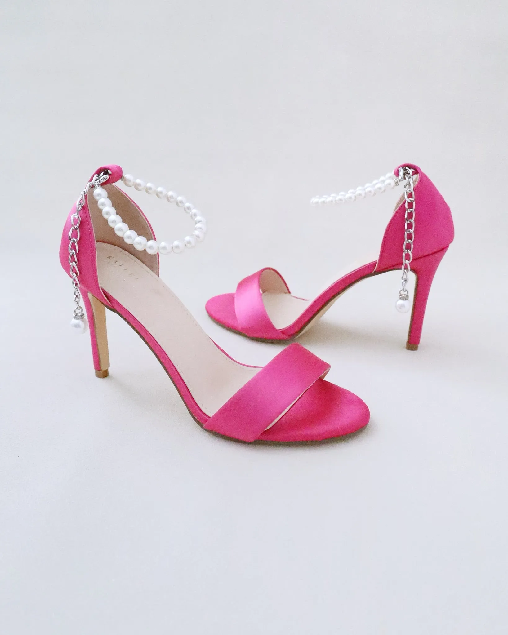 Fuchsia Satin High Heel Evening Sandals with Pearl Strap