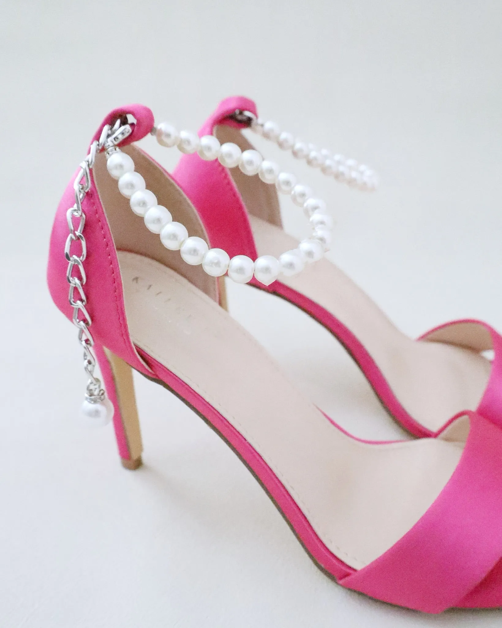 Fuchsia Satin High Heel Evening Sandals with Pearl Strap