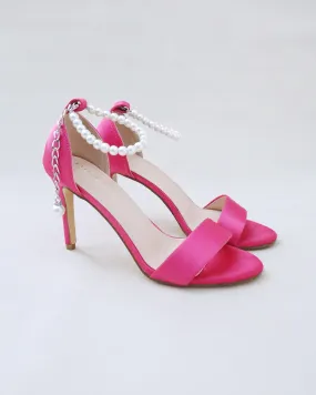 Fuchsia Satin High Heel Evening Sandals with Pearl Strap