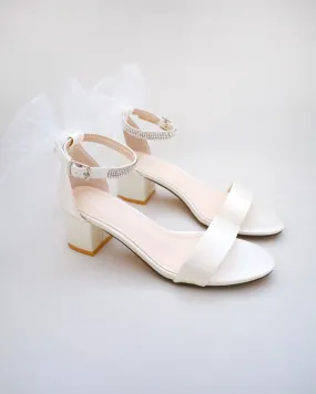 Ivory Satin Block Heel Sandals with Tulle Back Bow