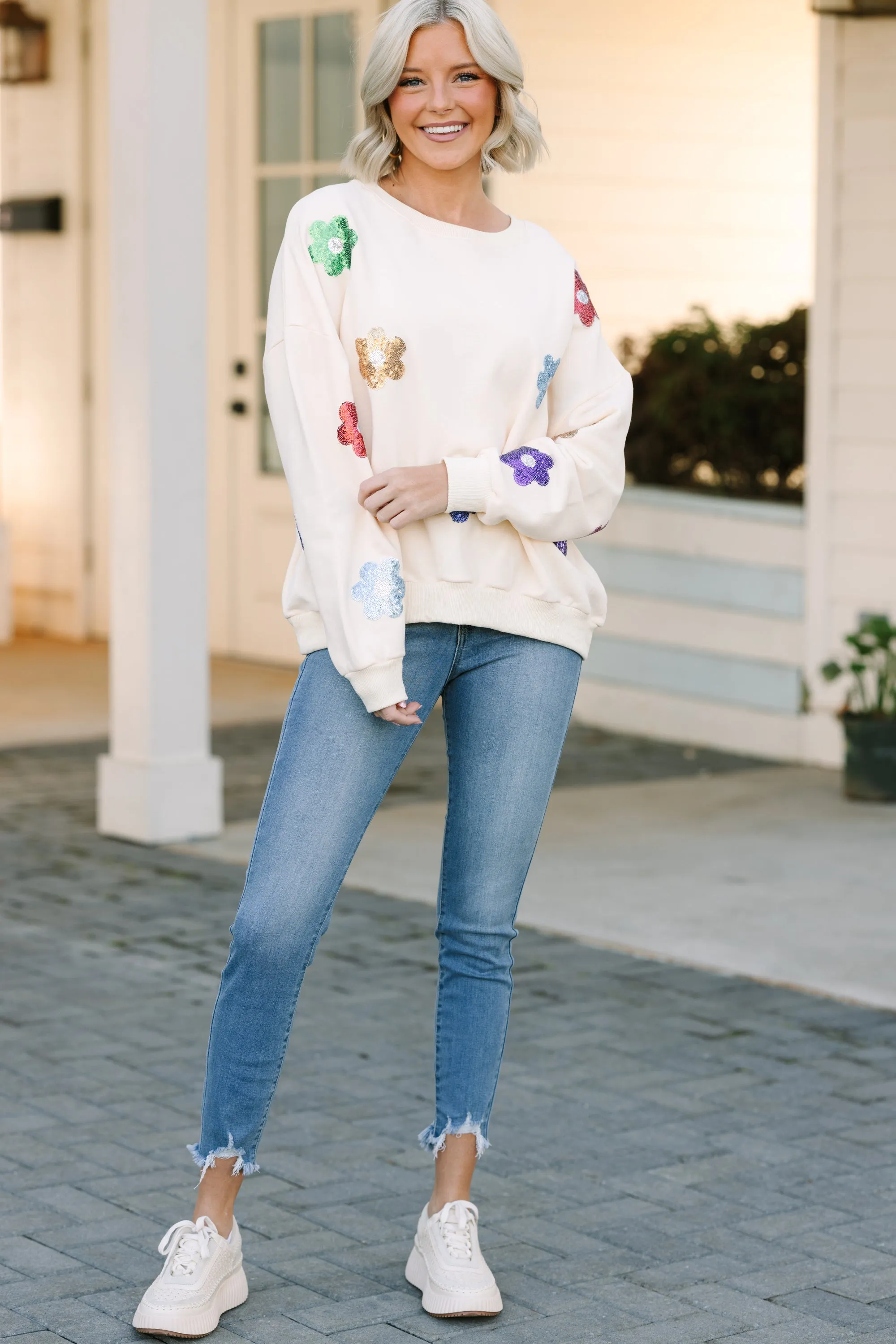 Just My Type Cream White Floral Sweatshirt