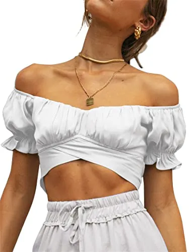 LYANER Women's Ruffle Short Sleeve Tie Up Back Crop Top Off Shoulder Bardot Blouse White Medium