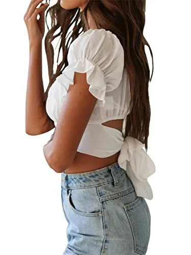 LYANER Women's Ruffle Short Sleeve Tie Up Back Crop Top Off Shoulder Bardot Blouse White Medium