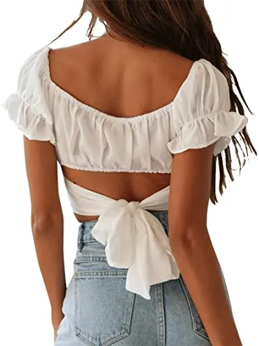 LYANER Women's Ruffle Short Sleeve Tie Up Back Crop Top Off Shoulder Bardot Blouse White Medium