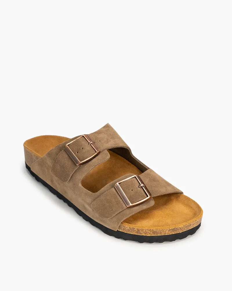 Men's Adjustable Buckle Cork Footbed Suede Slippers