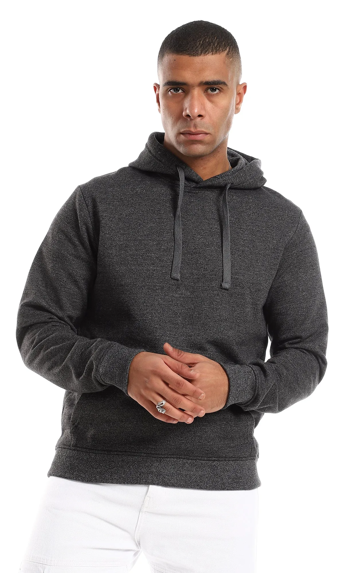 O157604 Regular Fit Long Sleeves Slip On Hoodie - Heather Charcoal