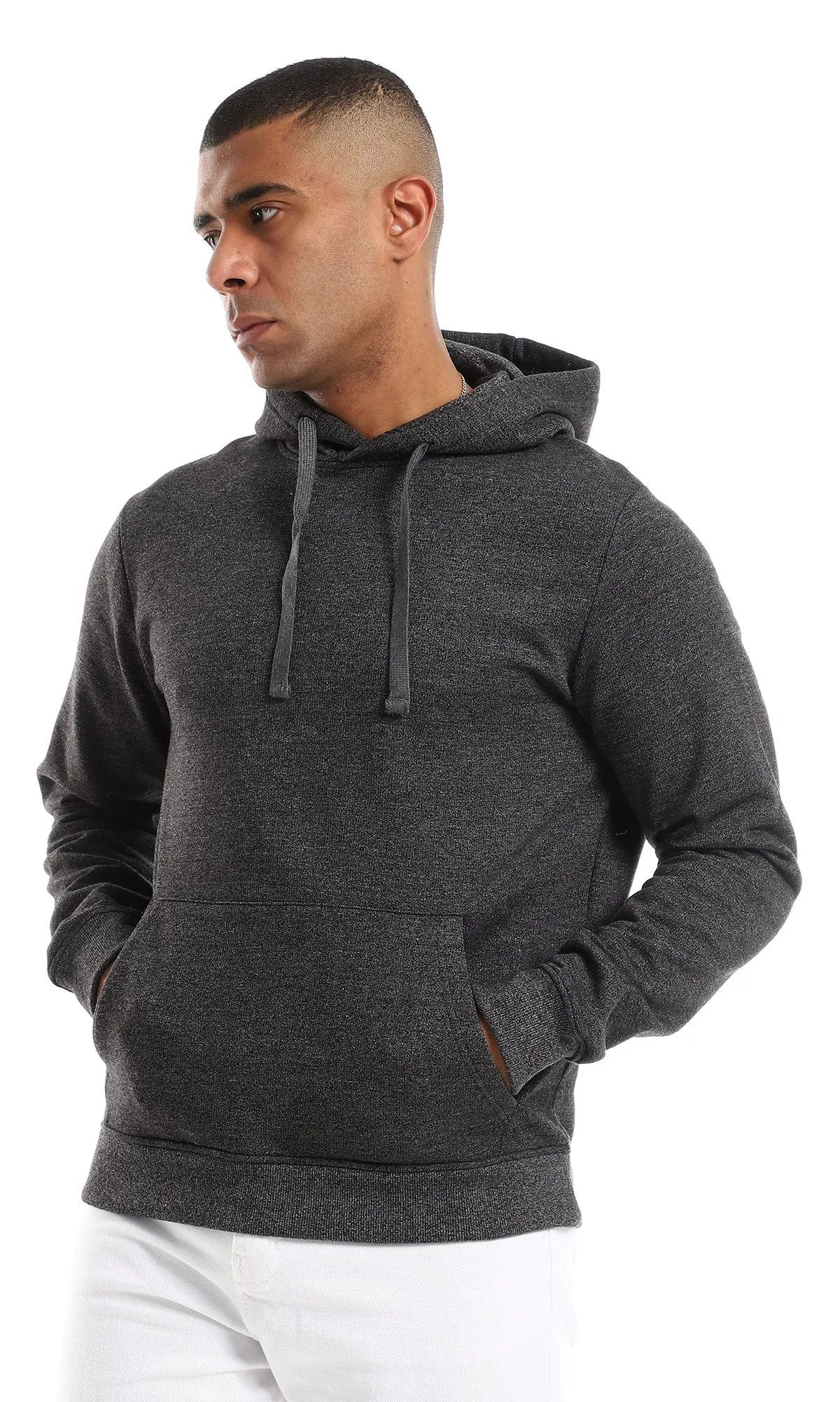 O157604 Regular Fit Long Sleeves Slip On Hoodie - Heather Charcoal