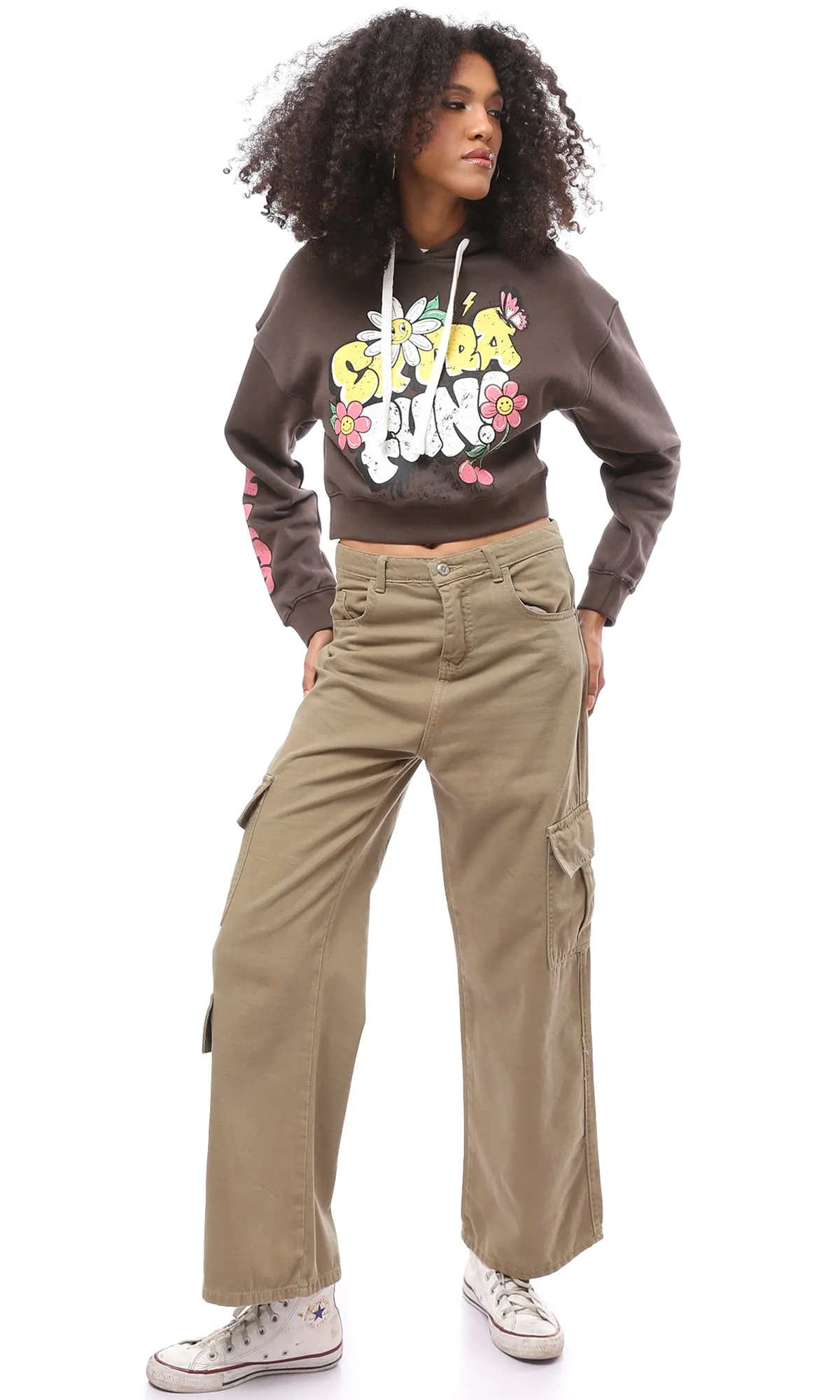 O174184 Dark Brown Printed Extra Fun Cropped Hoodie