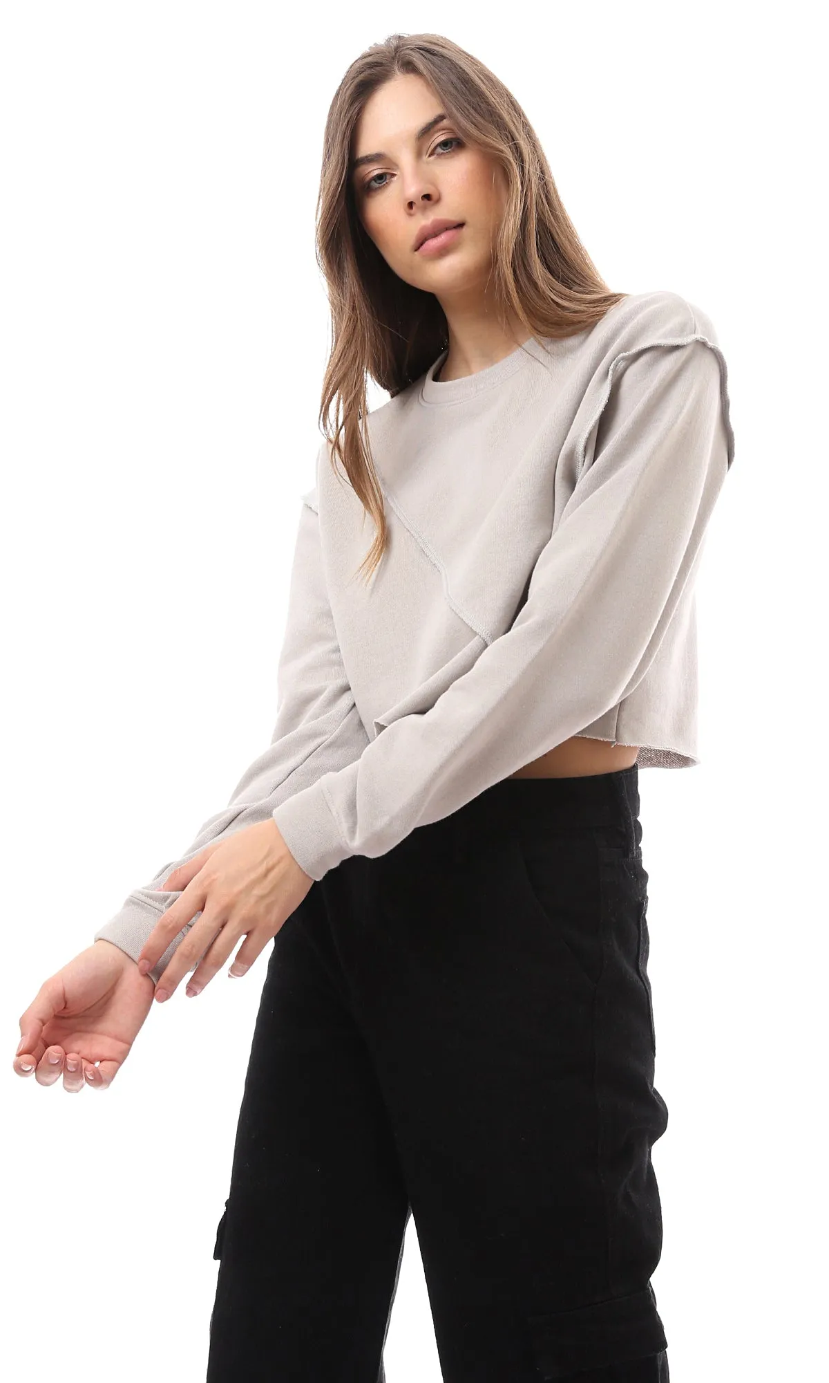 O174725 Solid Light Grey Sweatshirt With Cuffed Sleeves