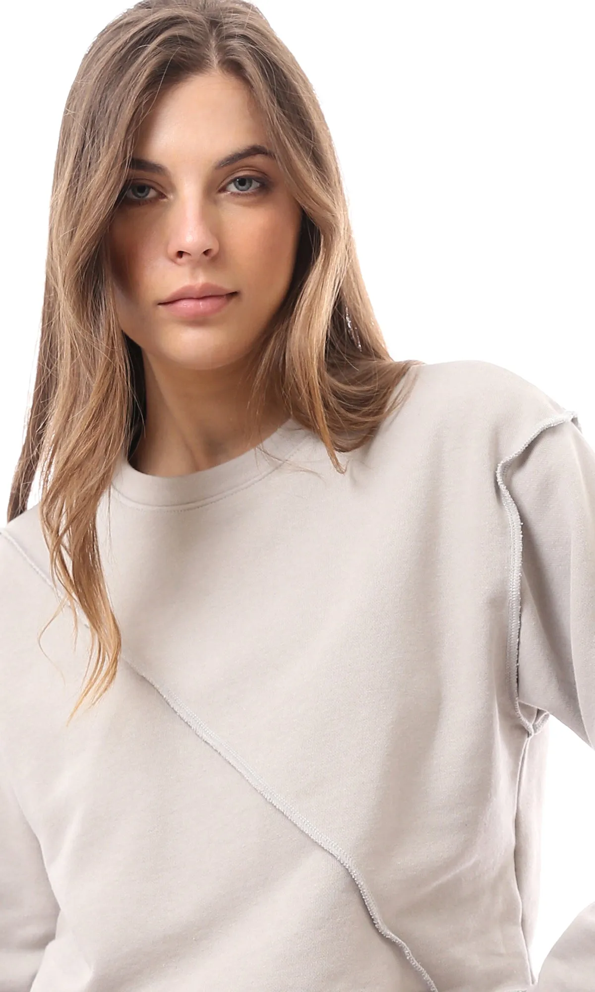 O174725 Solid Light Grey Sweatshirt With Cuffed Sleeves