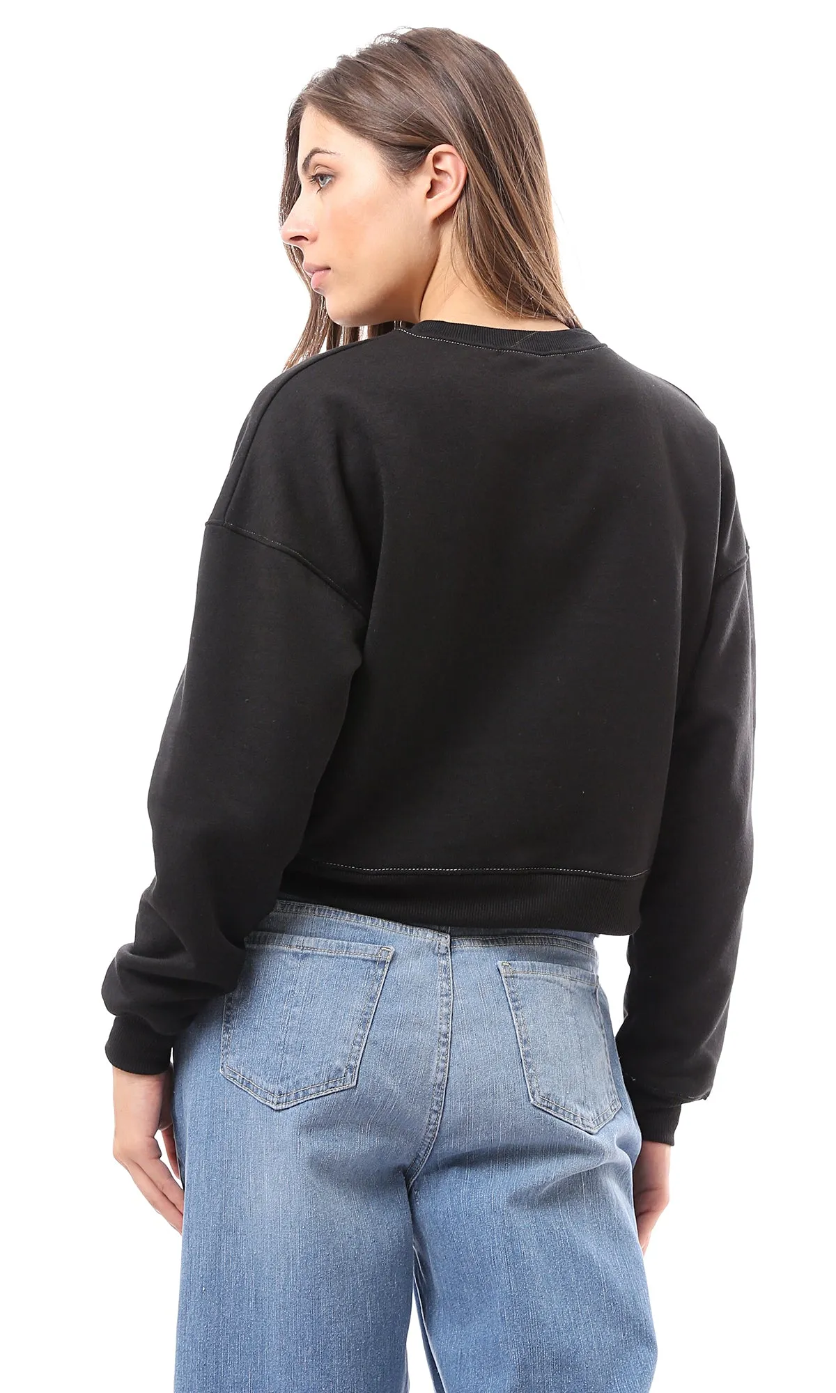 O174767 Black Round Neck Sweatshirt With Ribbed Hem