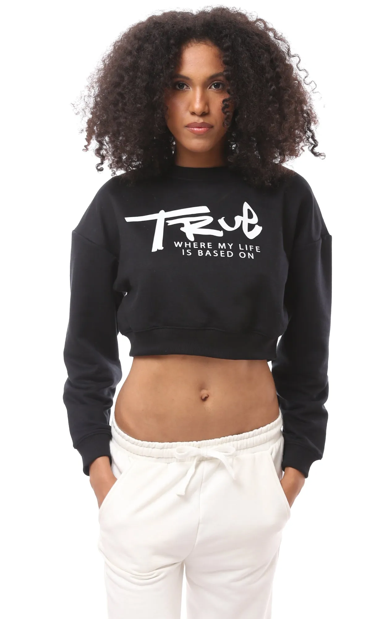 O174930 Casual Print "True Story" Black Cotton Short Sweatshirt